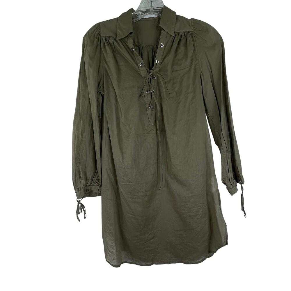 Anne Fontaine Paris Light Green Gray Tunic Blouse Lace Up V-Neck Size 36